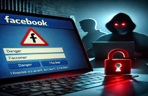 Obrazek przedstawiający ekran logowania na Facebooku z symbolem ostrzegawczym, sugerującym ryzyko przejęcia konta przez hakerów. Idealnie pasuje do artykułów dotyczących bezpieczeństwa w sieci, cyberprzestępczości i ochrony danych osobowych.
