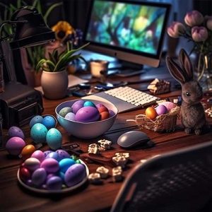 życzenia wielkanocne dla klientów – biurko z monitorem, króliczkiem i koszem jajek wielkanocnych